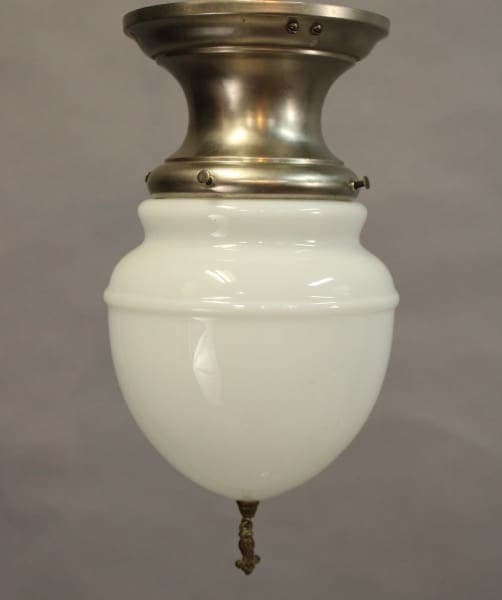 Vintage 15458. 1920's ceiling mount with original milk glass shade and brass fittings, featuring an ornate pull switch.