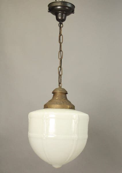 15722. 1920's Pendant With Original Glass hanging pendant light with a white glass shade and brass fittings, suspended from a chain against a gray background.