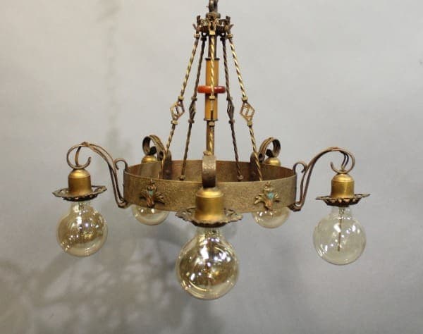 15884. Spanish Revival 1920's Polychrome Downlight Chandelier with five lights, decorative ornaments, and a chain suspension system, displayed against a gray background.