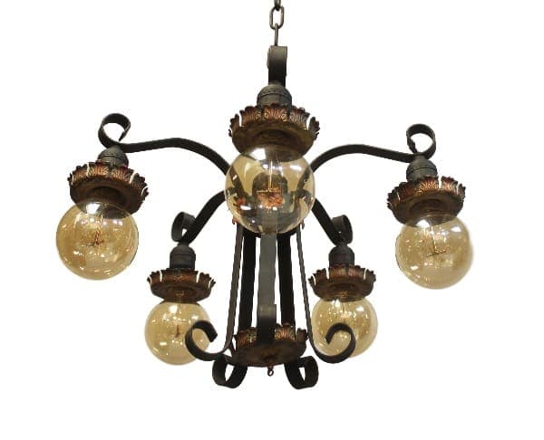 15997. Five Arm Spanish Revival Chandelier With Down Lights with twelve ornate arms and spherical light bulbs, suspended from a ceiling, set against a white background.