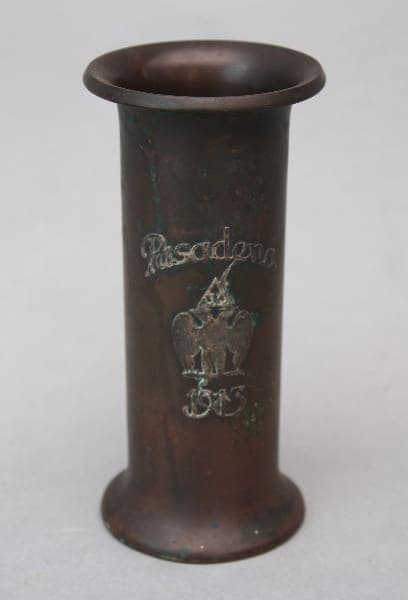 Antique 9348. Heintz Bronze and Sterling Vase with "Pasadena 1913" embossed alongside an elephant design, showing signs of tarnish and patina.