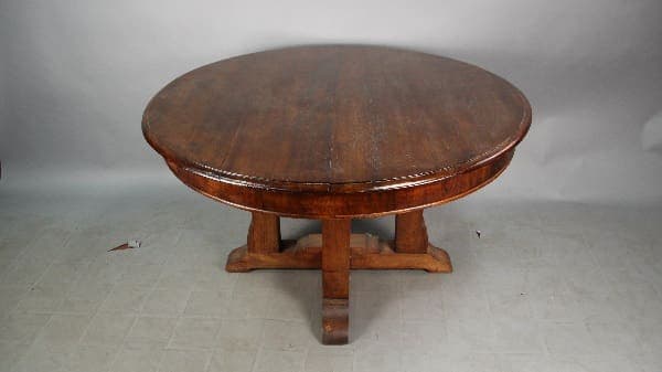 13062. Turn Of The Century Mahogany Dining Room Table with a polished surface and a central pedestal base, set against a grey background.