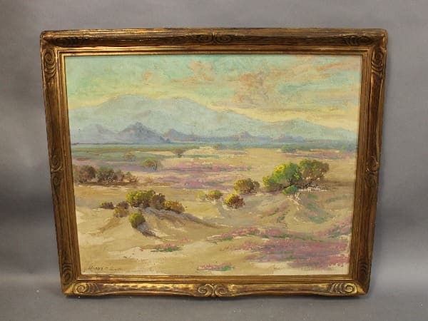 Landscape painting with mountains and greenery.