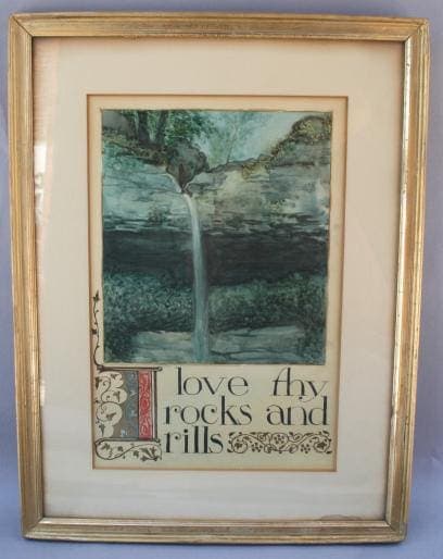 Framed artwork with "I love thy rocks and rills"