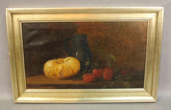 Framed still life painting with fruits.