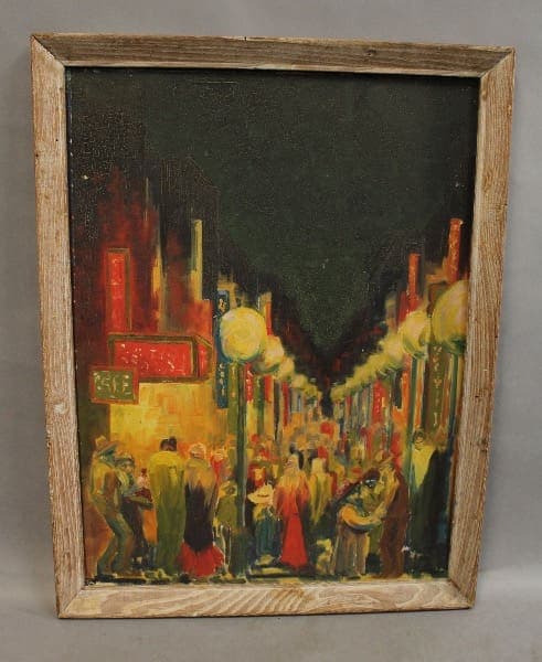 Colorful painting of a bustling city street.