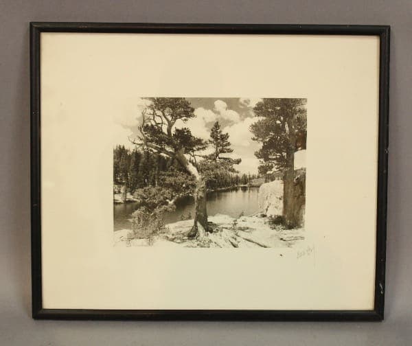 Framed black-and-white landscape photograph.