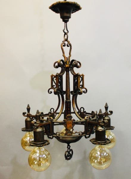 15932. Spanish Revival 1920’s Chandelier With Crest Motif