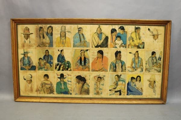 Framed artwork depicting various Indigenous people.