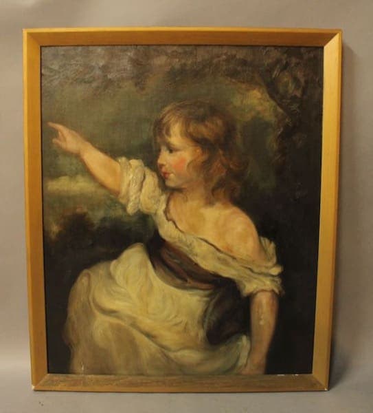 Child in white dress pointing, framed painting.