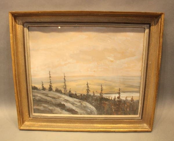 Framed landscape painting with trees and hills.