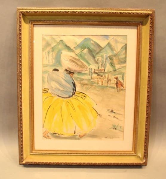 Framed painting of woman in yellow dress.