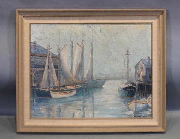 Painting of sailboats near a dock.