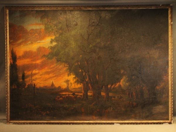 Sunset landscape painting with trees and sky.