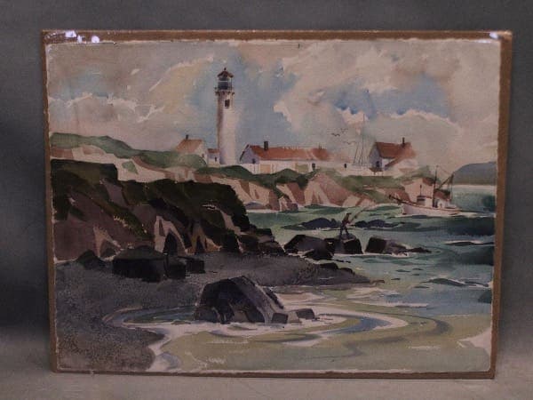 Lighthouse and seaside landscape painting.