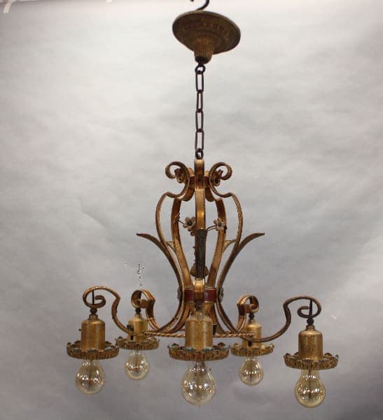 Vintage five-light ornate metal chandelier fixture.