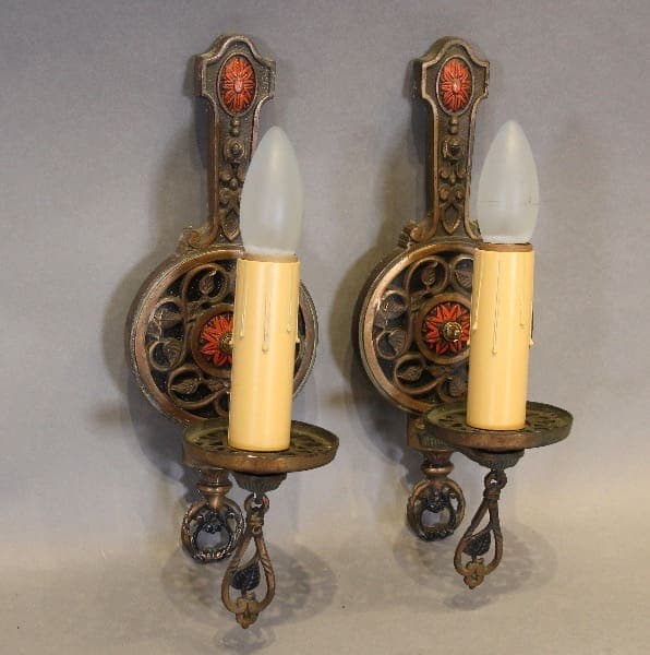 17444. Pair Of 1920’s Polychrome Sconces With Floral Motif