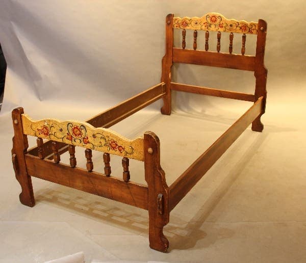 17461. 1 of 2 Signed Twin Monterey Bed With Original Painted Decorations