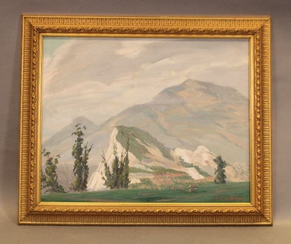 Landscape painting with mountains and trees.
