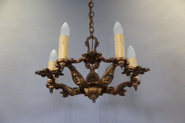 17704. 1920’s Five Light Chandelier With Original Finish