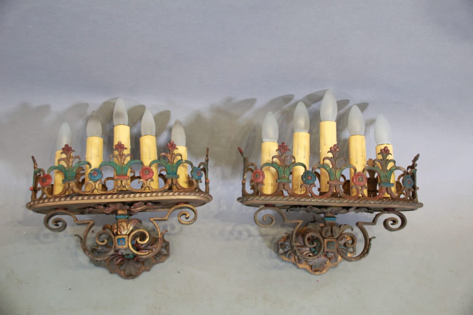 40537. Pair Of Rare And Stately Spanish Revival 1920’s Sconces With Polychrome Finish