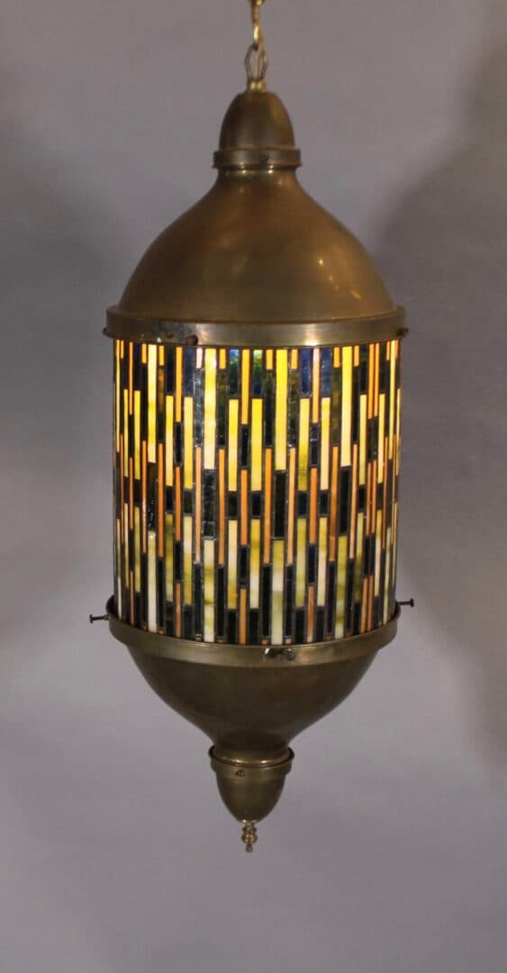 40690. Mid Century Brass And Stained Glass Pendant