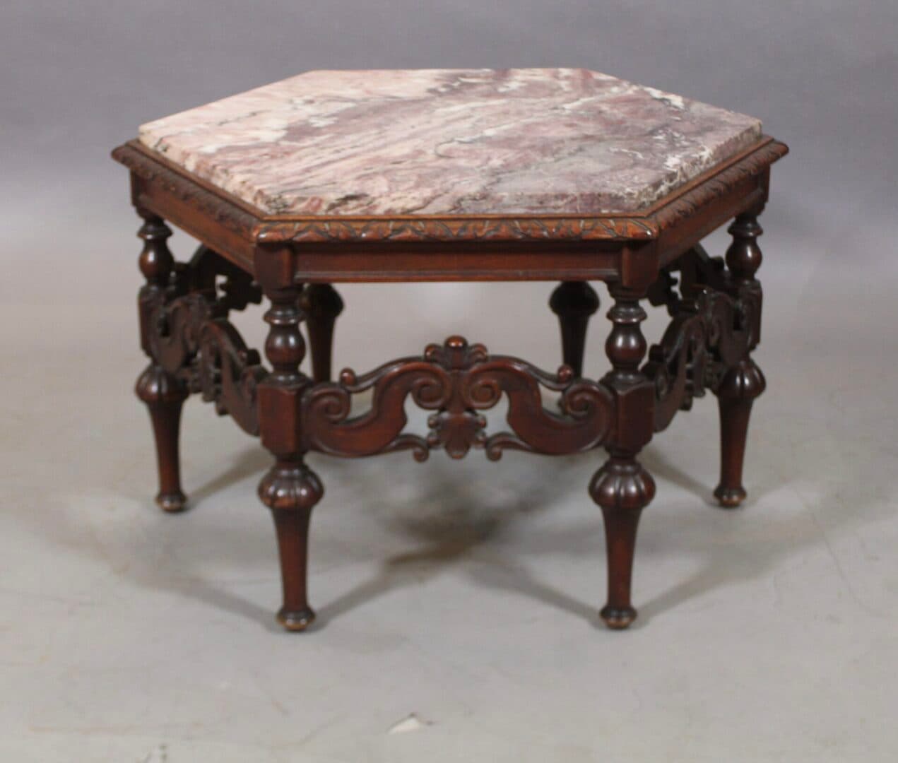 41162. Carved Walnut Marble Top 1920’s Hexagonal Side Table
