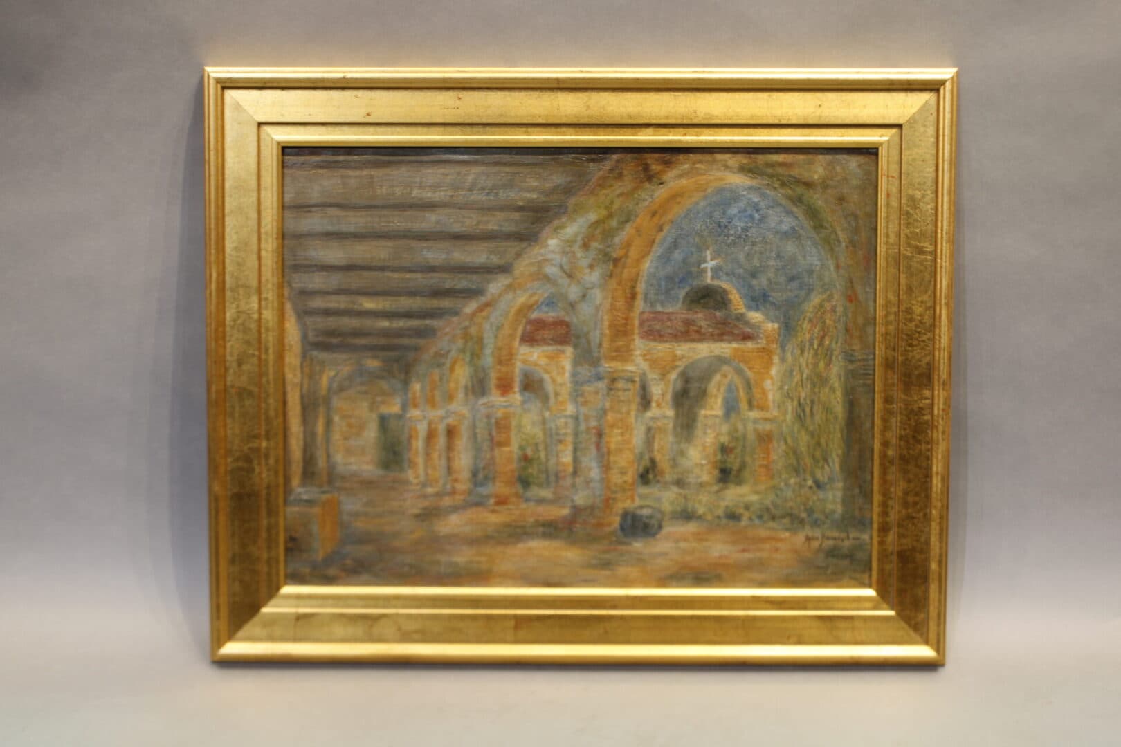 17793. California Oil Painting Of Mission Signed Ann Benedict