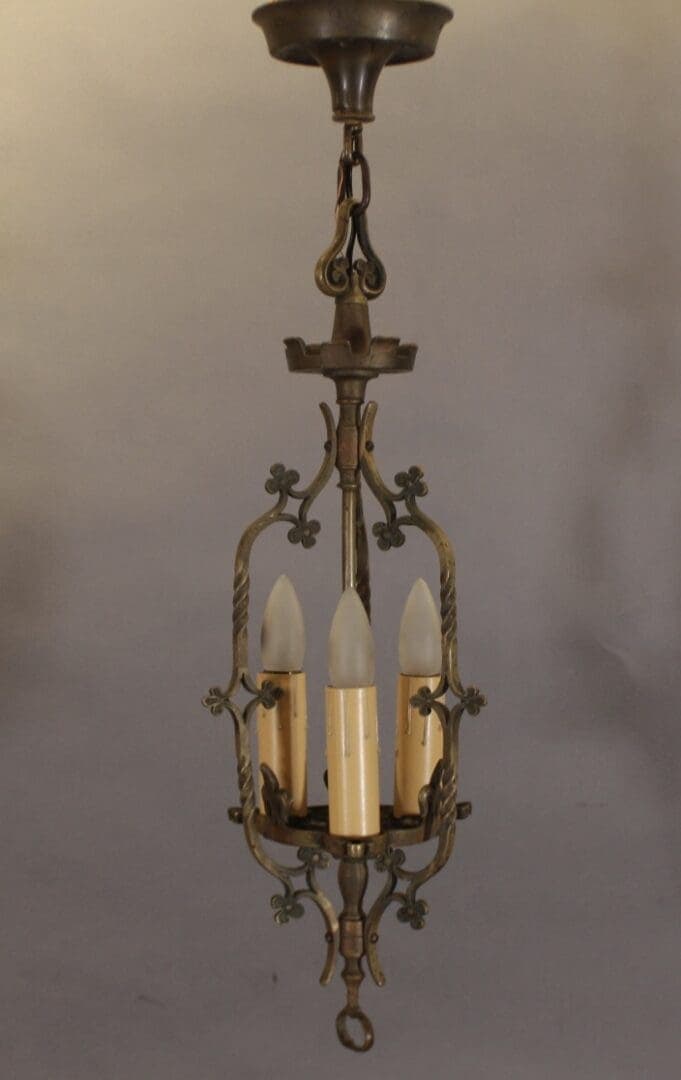 41629. Antique 1920’s Three Light Brass Pendant