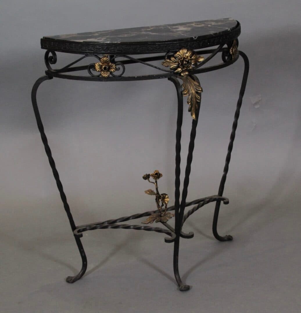 42082. Spanish Revival 1920’s Small Half Moon Iron And Marble Console Table