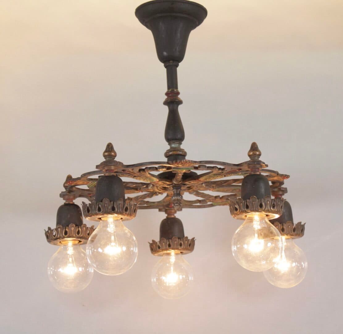 42674. 1920’s Five Light Chandelier With Original Finish