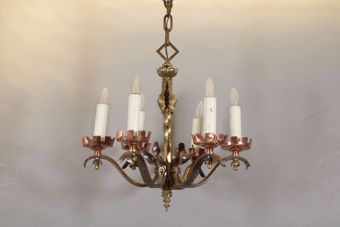 42682. 1 of 2 Brass and Copper and Iron 1920’s Chandelier
