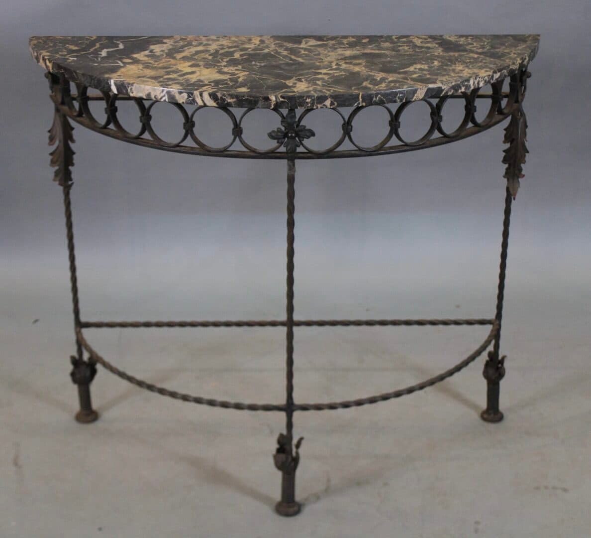 43357. Elegant 1920’s Demi Lune Console With Iron Base And Marble Top