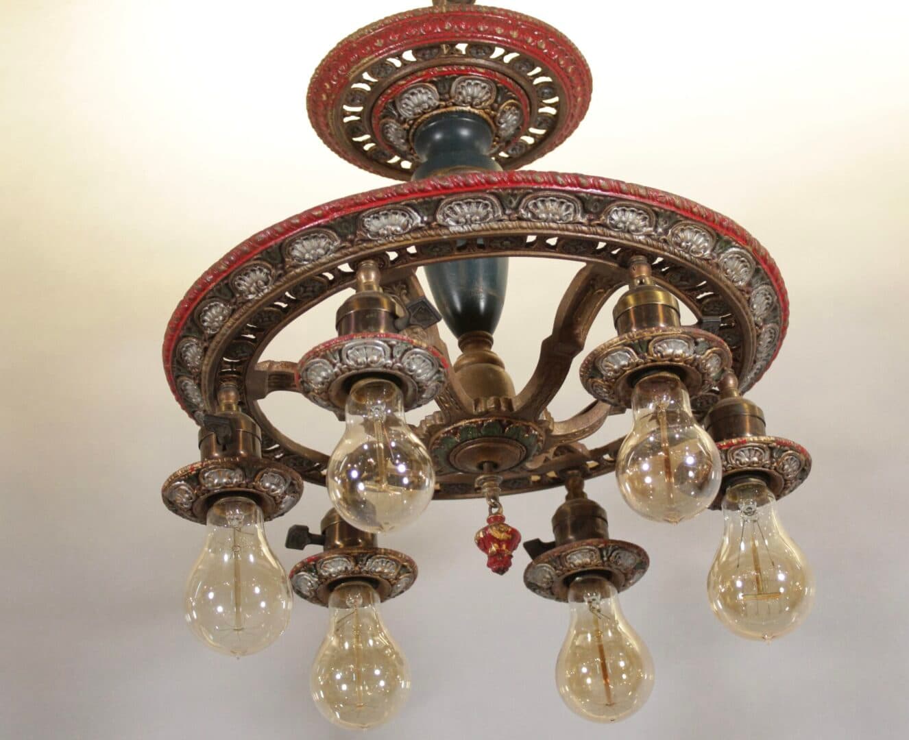 43608. Beautiful Turn Of The Century Downlight Chandelier With Polychrome Finish