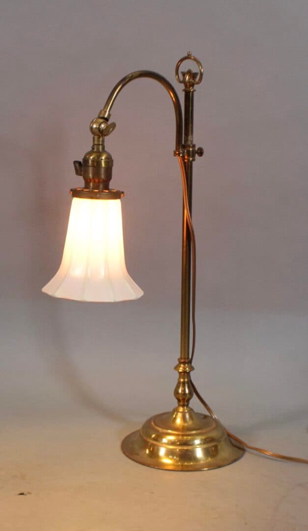 43683. 1920’s Brass Table Lamp With Art Glass Shade