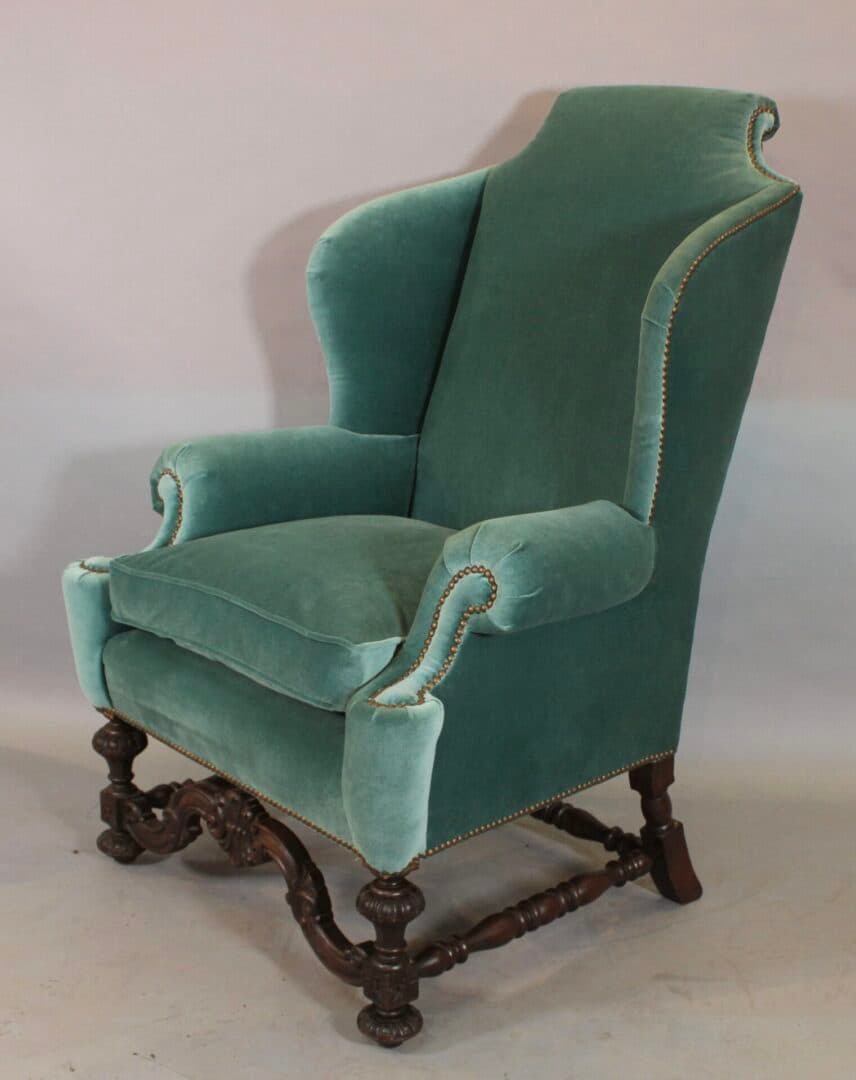 43928. Spanish Revival 1920’s Armchair With New Velvet Upholstery
