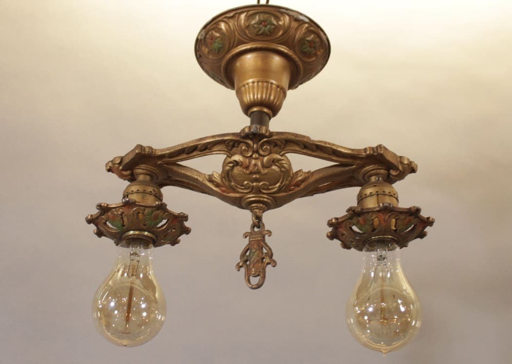 43955. 1920’s Small Ceiling Mount Chandelier With Two Bulbs