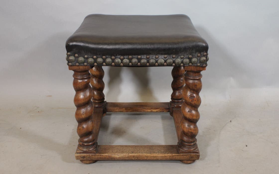 44360. Spanish Revival Small Bench Stool With Leather Top