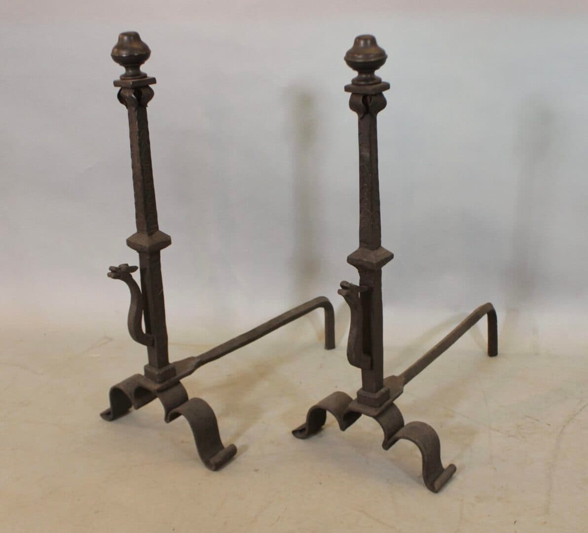 44269. Pair of 1920’s Spanish Revival Andirons With Dragon Heads