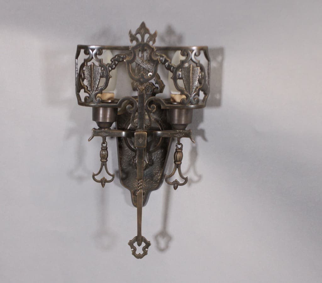 45042. 1 of 5 Double Sconces Circa 1920’s With Shield Motif