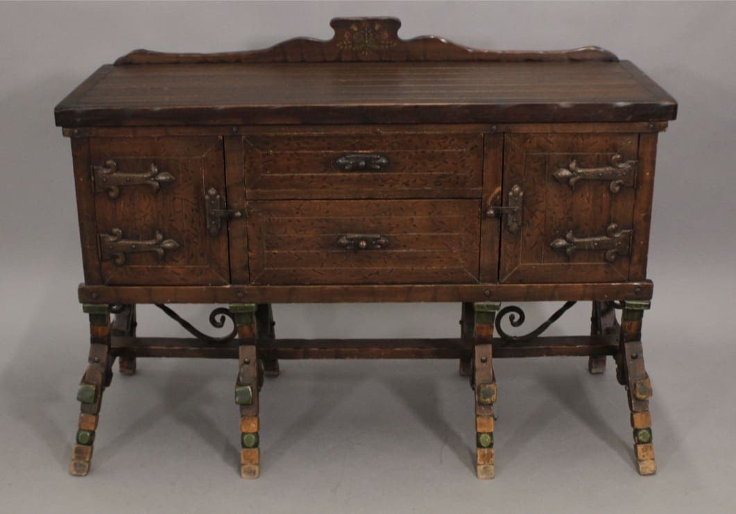 45953. Spanish Revival Sideboard With Iron Stretchers