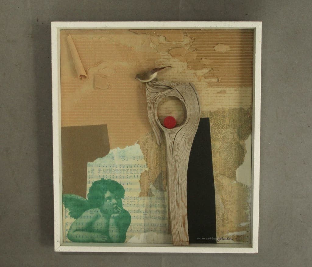 Framed collage with wooden element and cherub