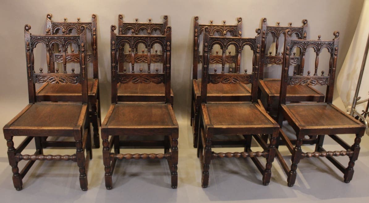 Set of eight carved wooden antique chairs