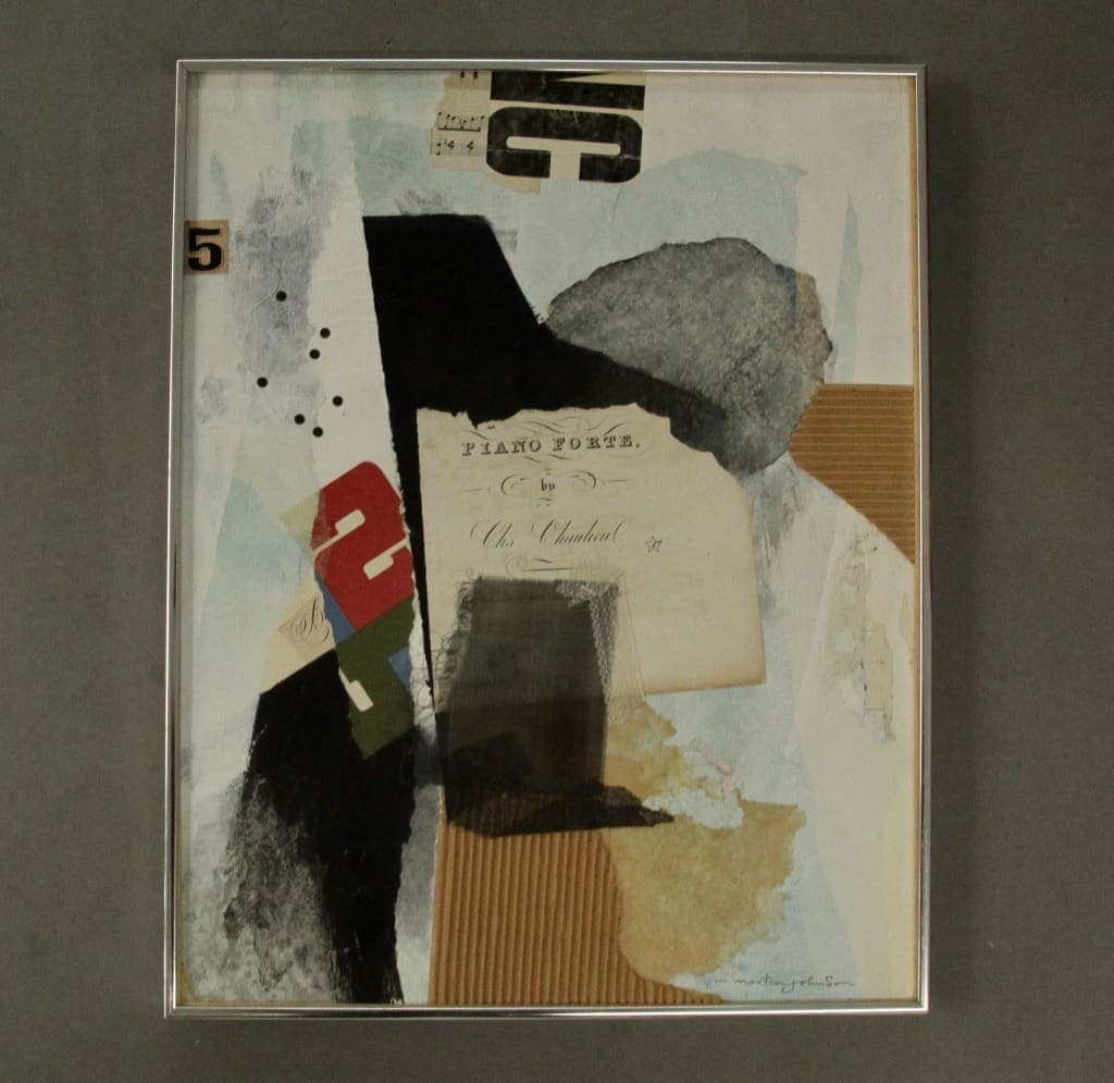 Framed abstract collage with black textured shapes