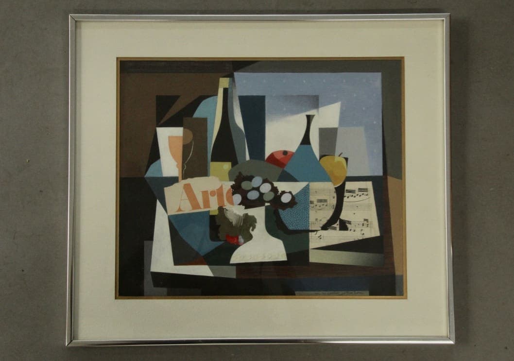 Framed cubist still life with bottles and fruit