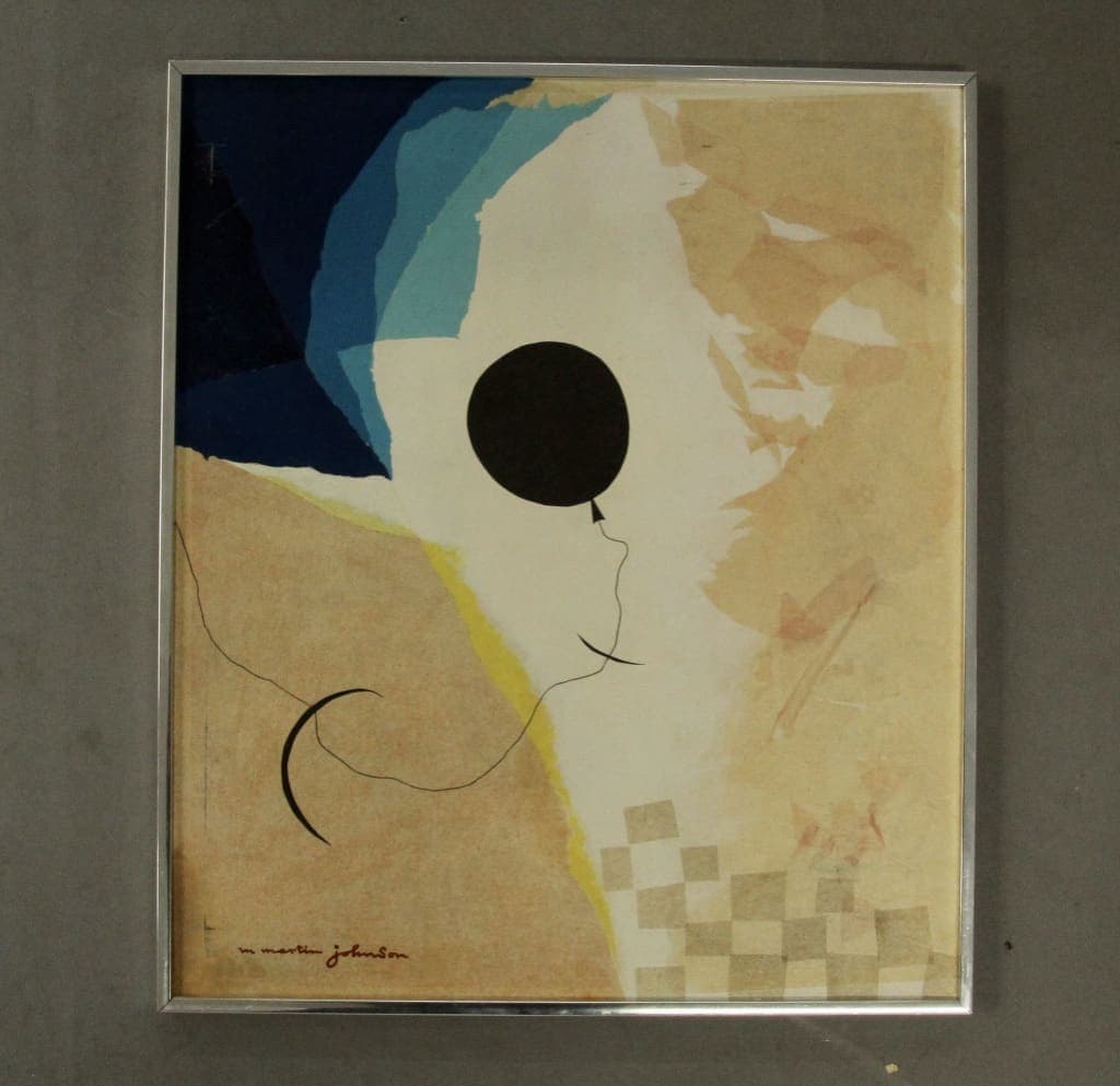 Framed abstract artwork with black balloon
