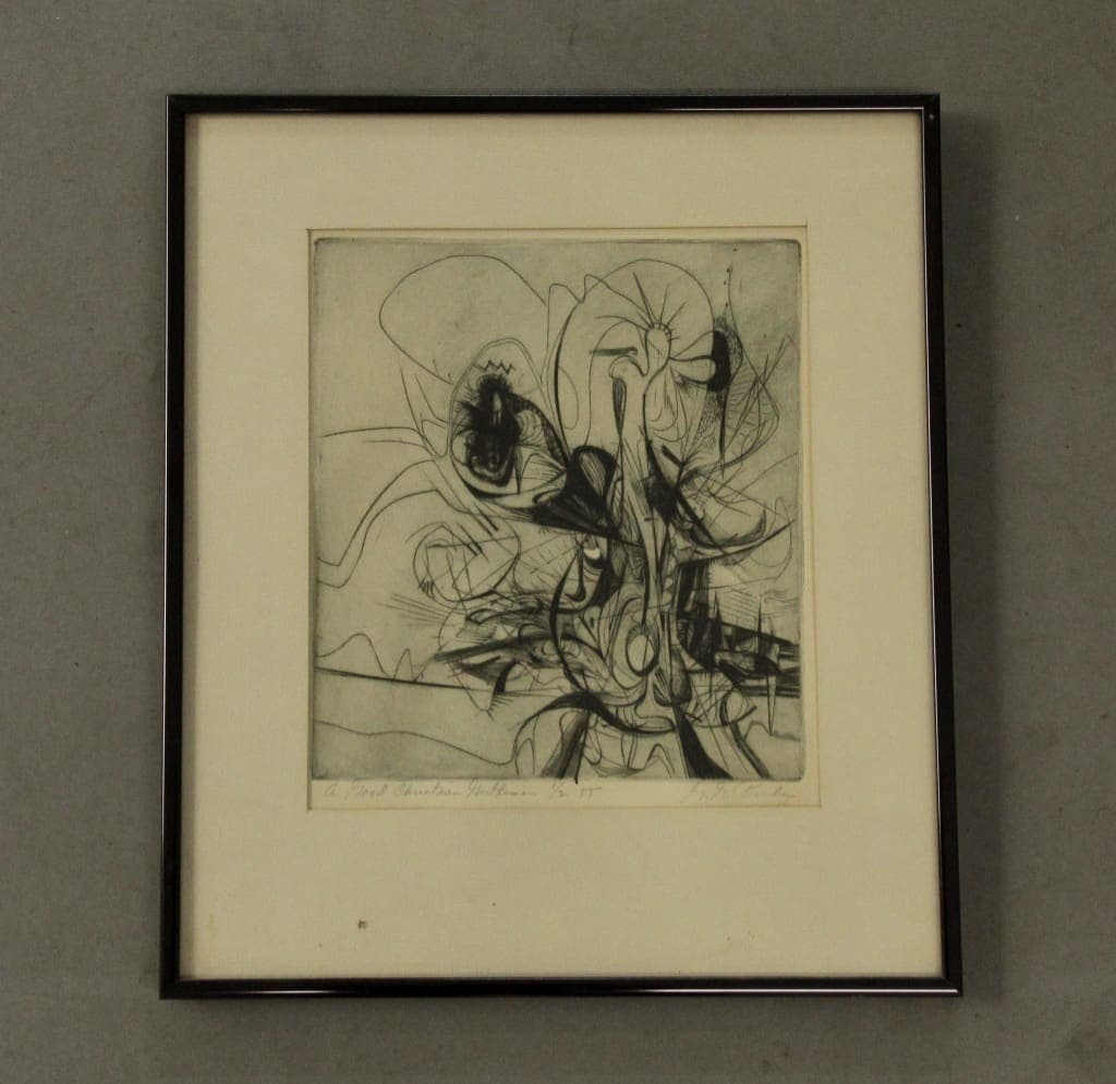Framed abstract black and white etching