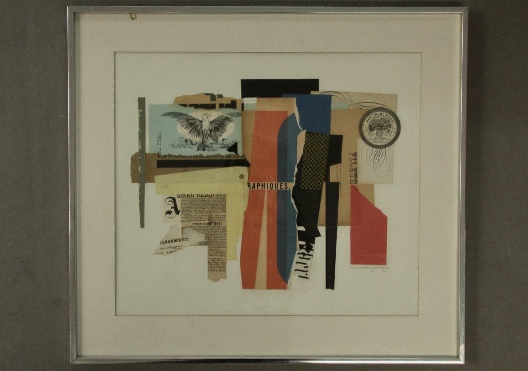 Framed abstract collage artwork with colorful shapes