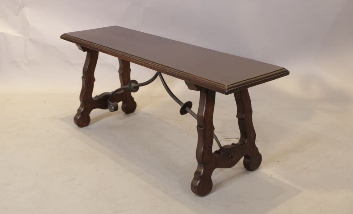 47442. Spanish Revival Small Walnut Bench With Iron Trestle