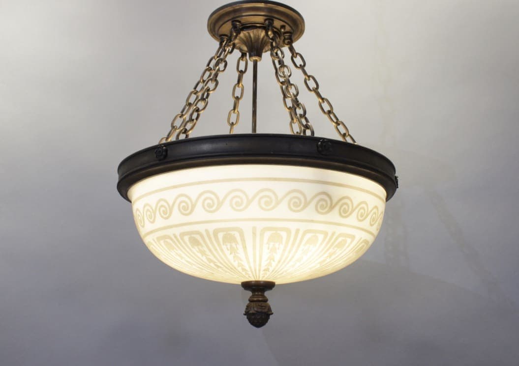 47564. Turn Of The Century Bronze Pendant With Etched Glass